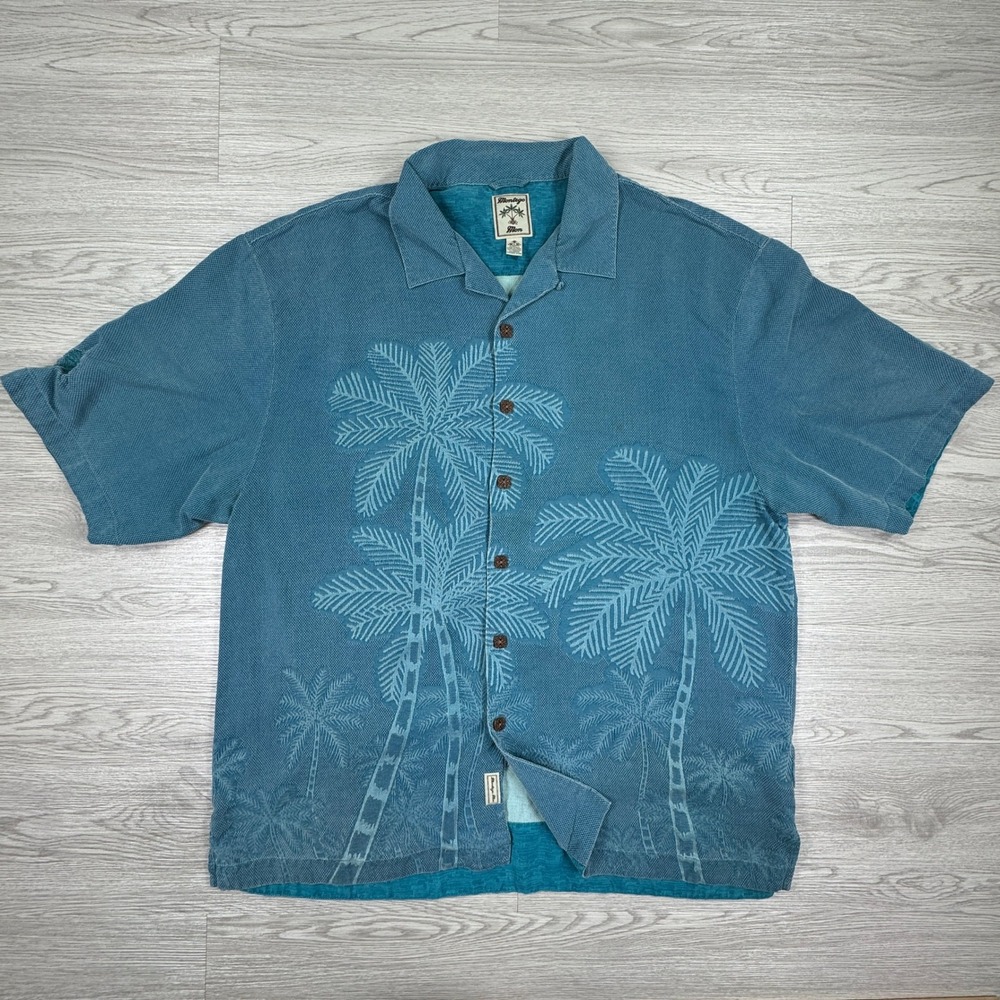Montego Mon Men's Silk Hawaiian Shirt Large Blue Palm Tree Jacquard Button Up
